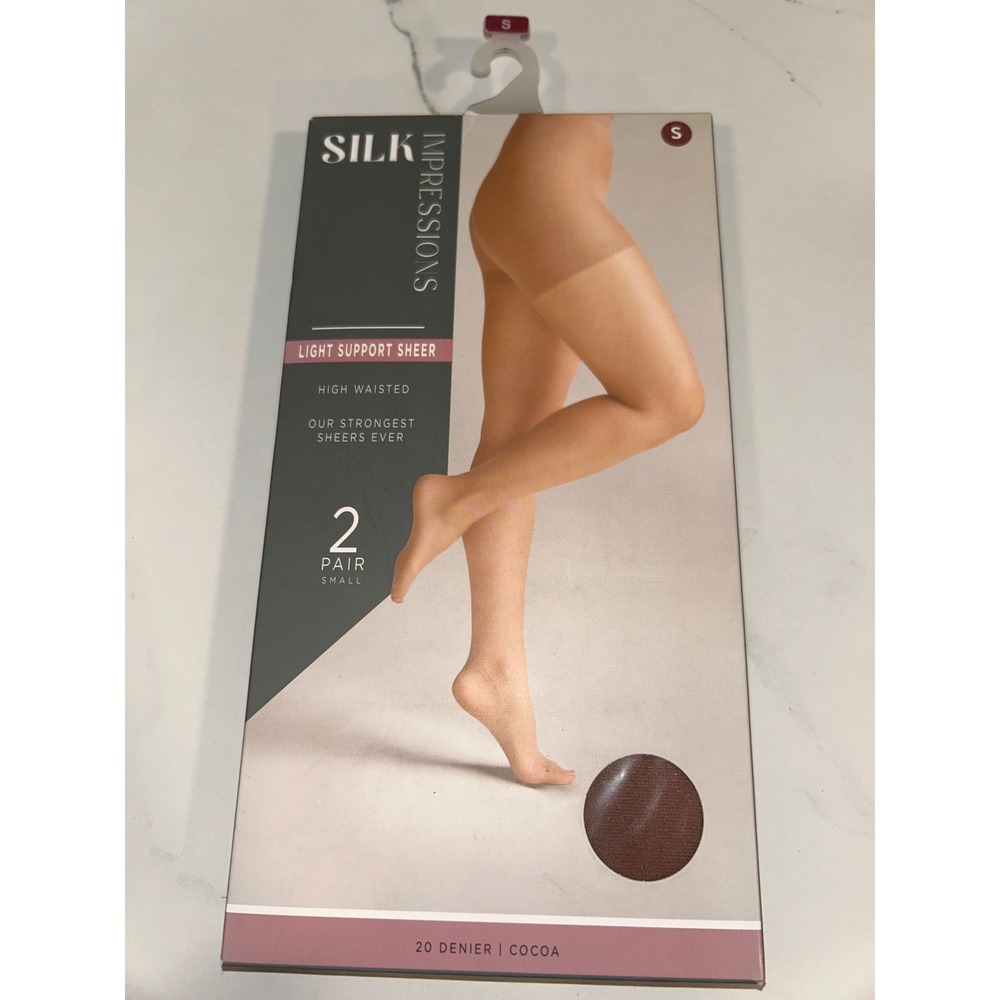 Silk Impressions Light Support Sheer High Waisted Pantyhose 2 Pair Small Cocoa